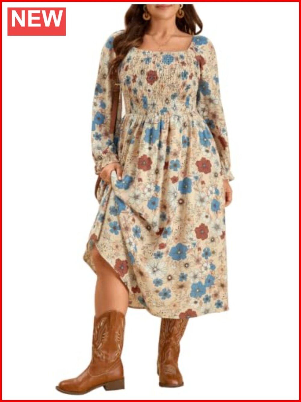 Plus Size Floral Maxi Dress Long Sleeve Smocked Square Neck Fit & Flare